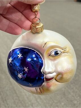 Vintage Double Crescent Man in the Moon & Stars Glass Ornament
